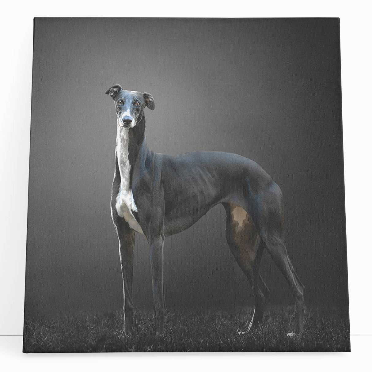 Stretched canvas artwork showcasing a vibrant dog design in a wild life theme, perfect for animal lovers, leaning against a wall with a modern aesthetic.