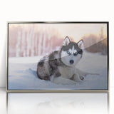 Framed wall art collection titled "Dogs Design 8," showcasing beautifully illustrated dogs in vibrant colors, set in a sleek silver frame, ideal for animal lovers.