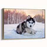 Framed canvas wall art showcasing a collection of playful dogs, set against a gold background. Ideal for pet lovers, this vibrant design adds a whimsical touch to home decor.