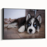 Framed canvas wall art showcasing a stunning design of various dog breeds in a wild-life theme, highlighted by a sleek black frame and vibrant colors, perfect for pet lovers.