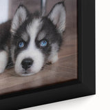 Close-up of a framed canvas wall art featuring a vibrant collection of dogs in a wild life design, showcasing intricate details and rich colors, perfect for animal lovers.