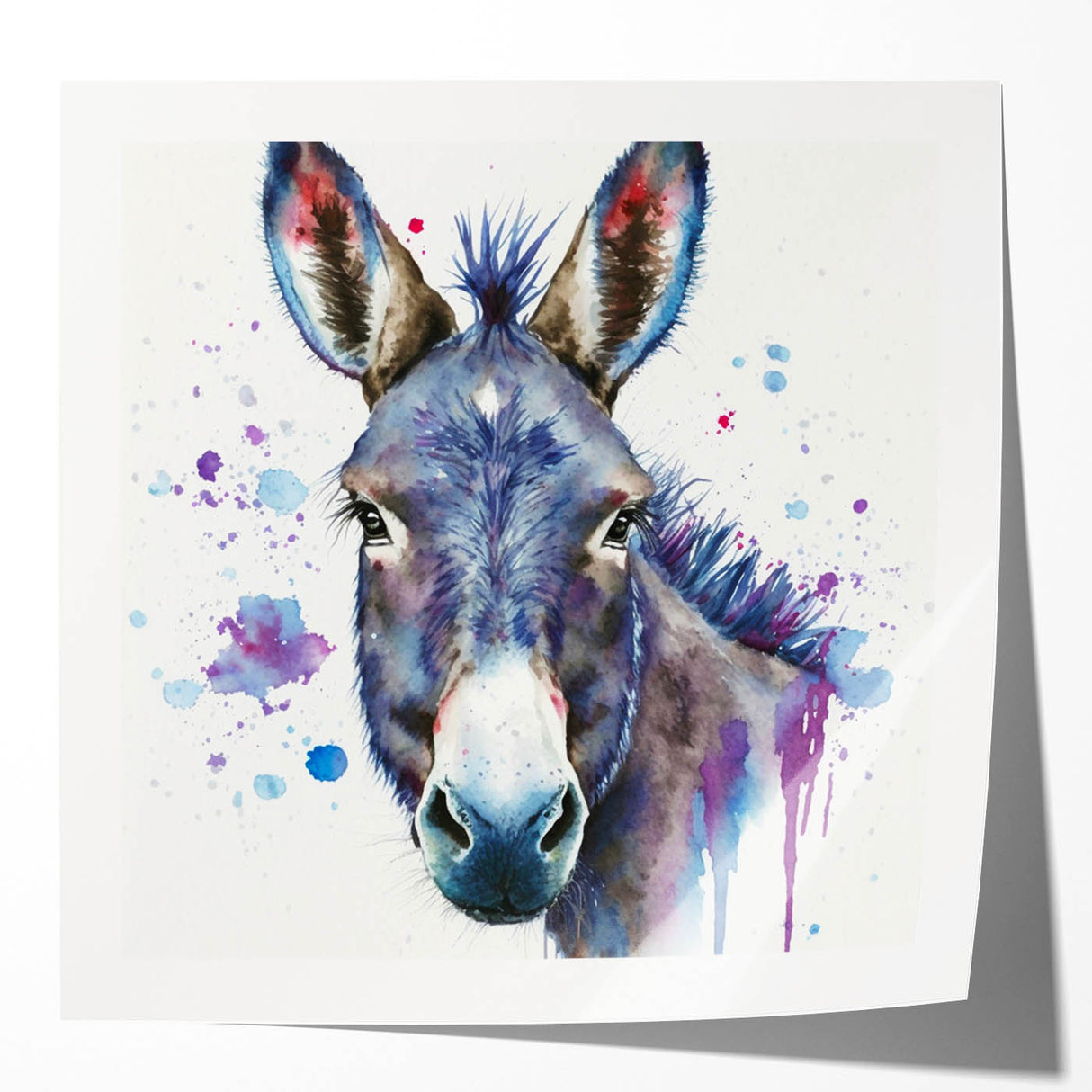 Donkey wall art print showcasing a vibrant and colorful design, perfect for animal lovers, featuring a glossy finish and suitable for home decor.