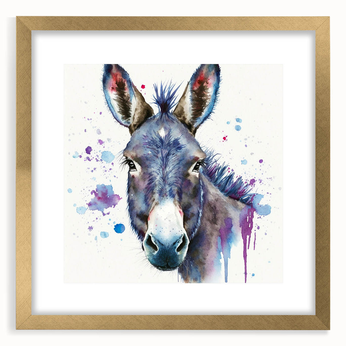 Framed wall art featuring a whimsical donkey design from the "Animals A Wild Life" collection, with a gold frame and mat, perfect for adding charm to any room.