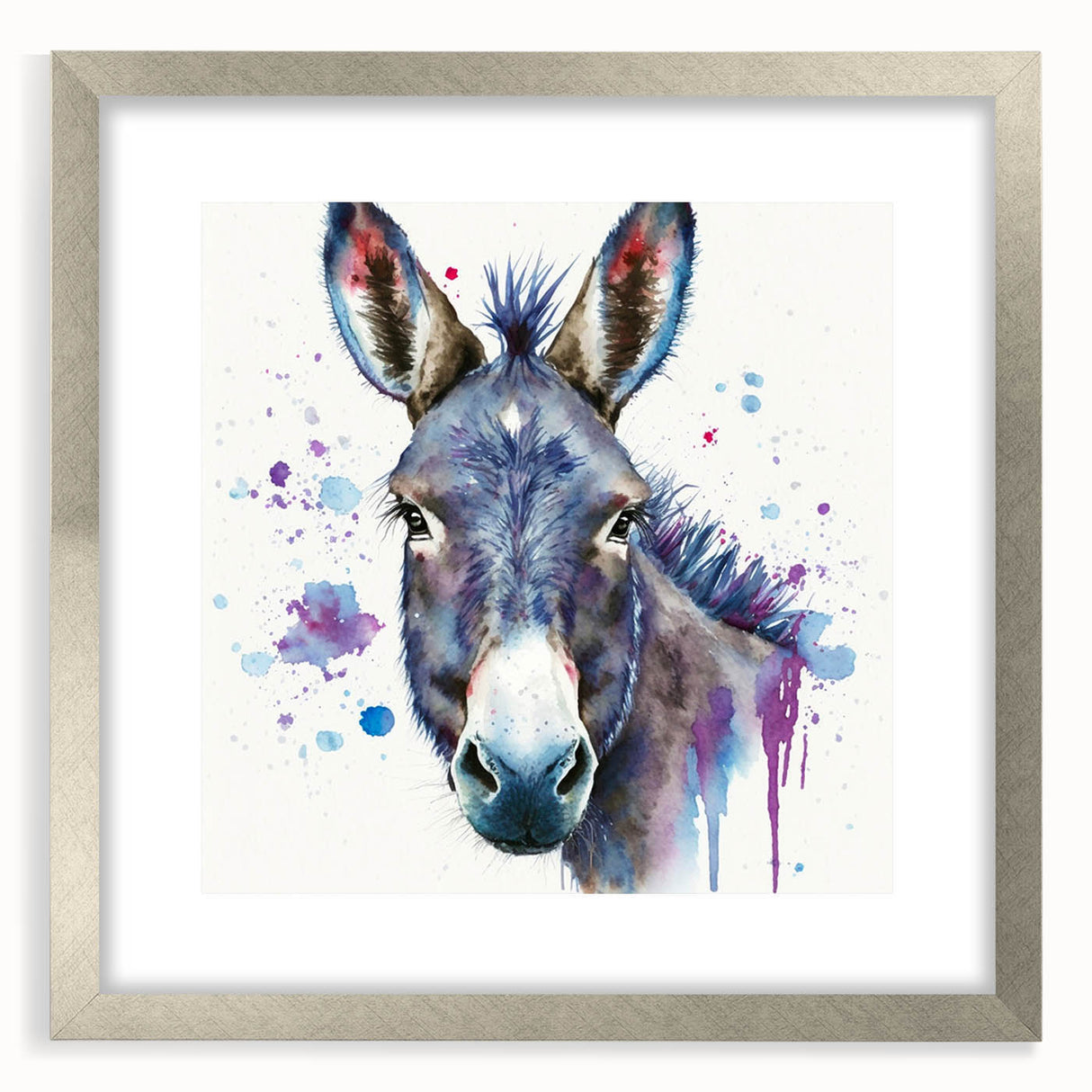 Framed wall art featuring a charming donkey design from the Animals A Wild Life collection, with a stylish silver frame and mat, ideal for home decor.
