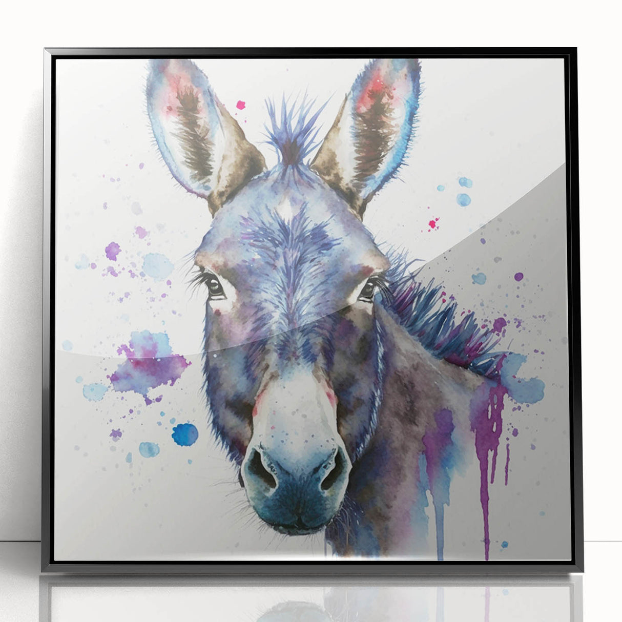 Framed wall art featuring a striking donkey design in a black acrylic frame, showcasing intricate details and vibrant colors, perfect for animal lovers and home decor enthusiasts.