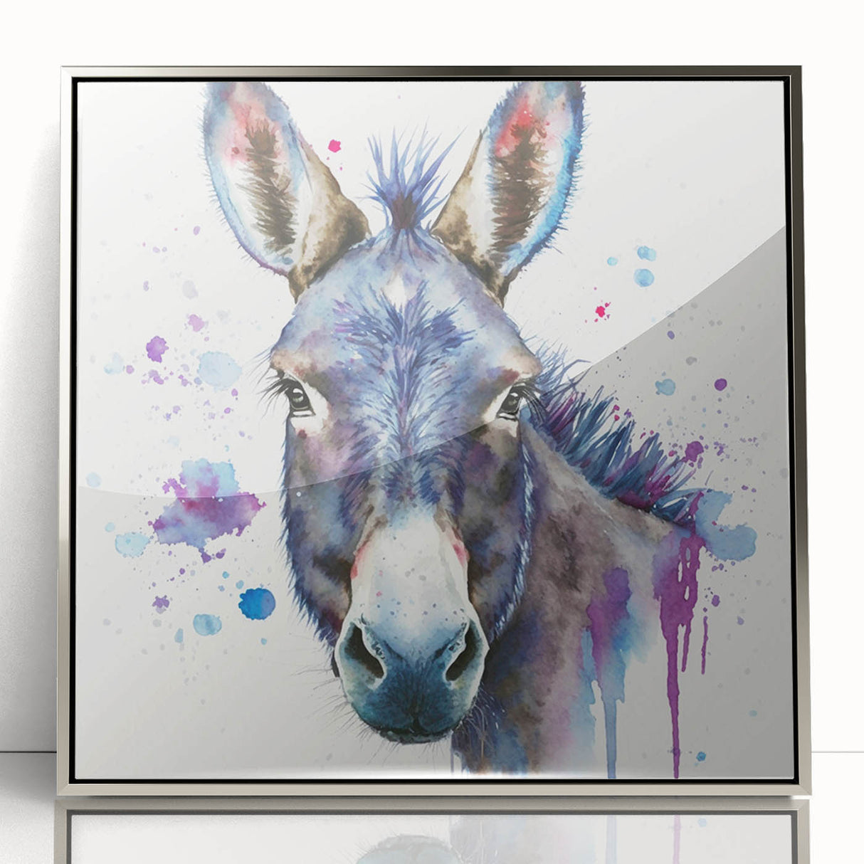 Framed wall art showcasing a stylish donkey design in a silver acrylic frame, perfect for adding a modern touch to home decor. The piece features intricate details, enhancing any living space.