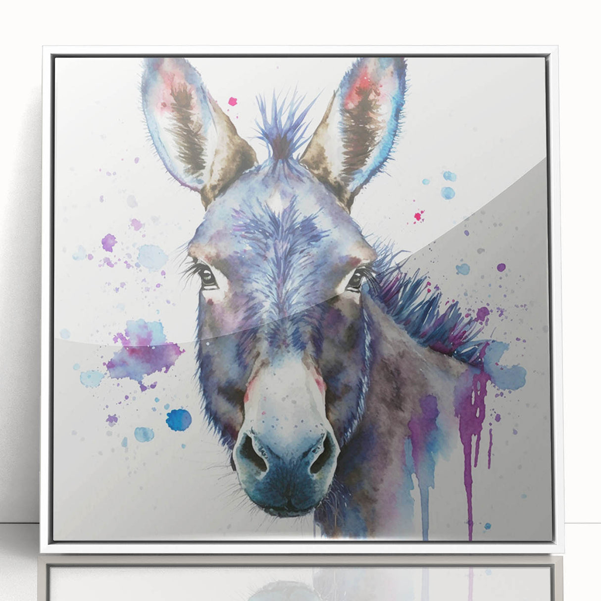 Framed wall art featuring a whimsical donkey design against a white background, showcasing vibrant colors and playful details, perfect for animal lovers' decor.