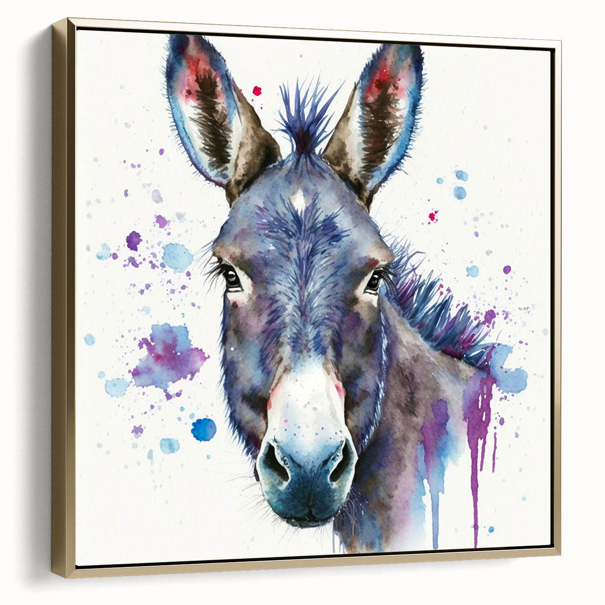 Framed canvas wall art featuring a side view of a whimsical donkey design with gold accents, perfect for adding a touch of playful elegance to home decor.