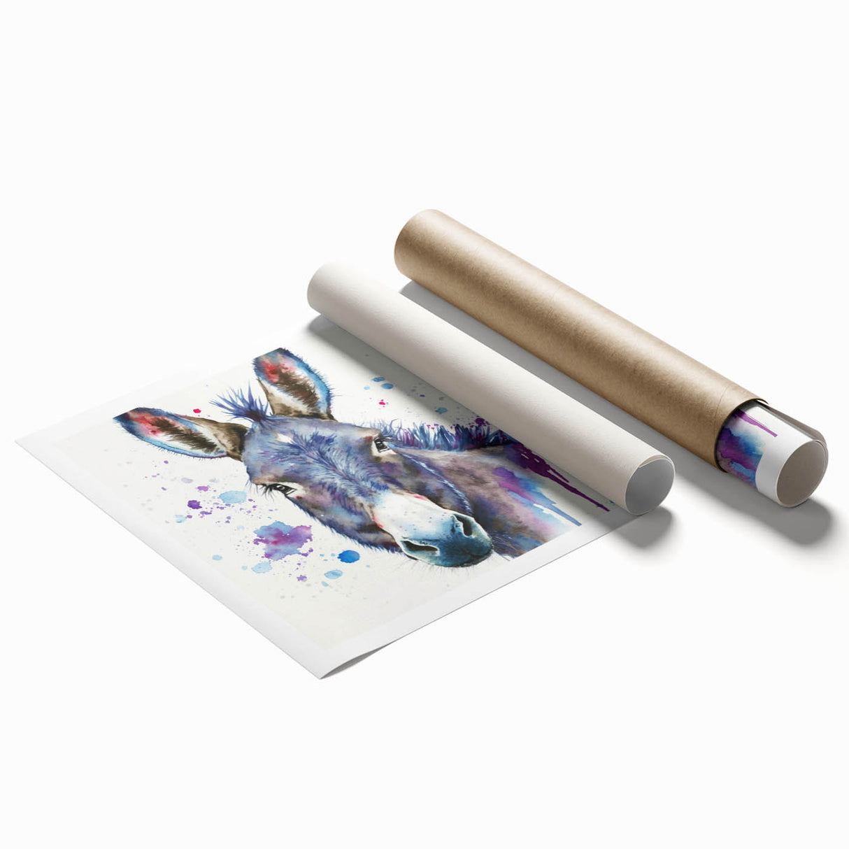 Rolled print of a donkey wall art design showcasing vibrant colors and intricate details, perfect for animal lovers and contemporary decor.