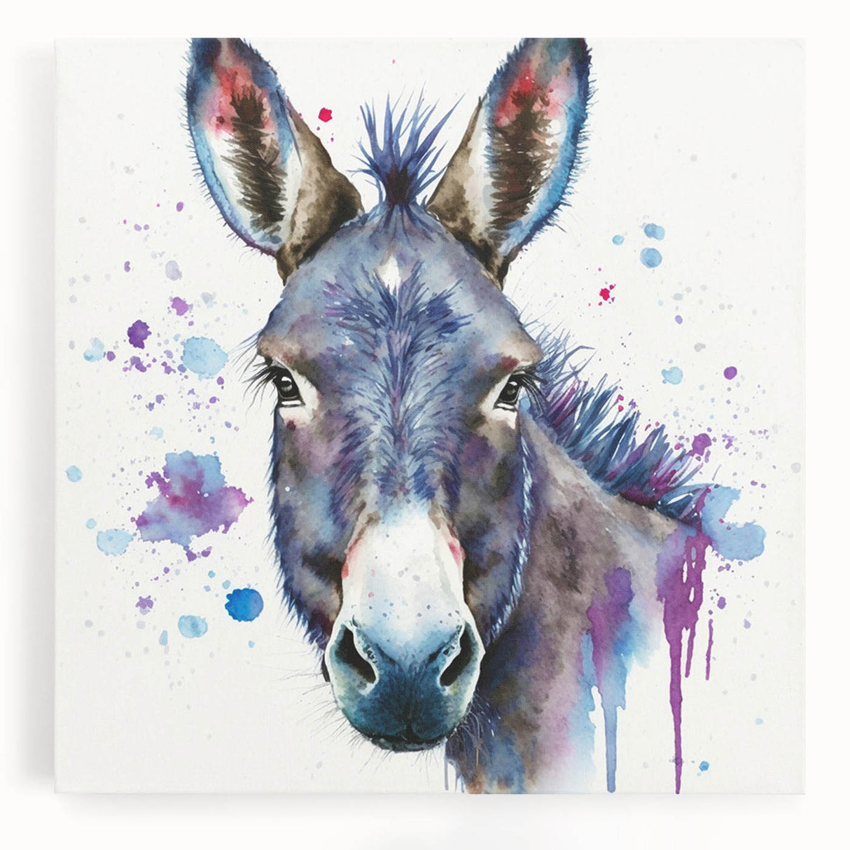 Front view of a stretched canvas wall art featuring a whimsical donkey design, showcasing vibrant colors and intricate details, perfect for animal lovers and home decor enthusiasts.