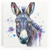 Front view of a stretched canvas wall art featuring a whimsical donkey design, showcasing vibrant colors and intricate details, perfect for animal lovers and home decor enthusiasts.