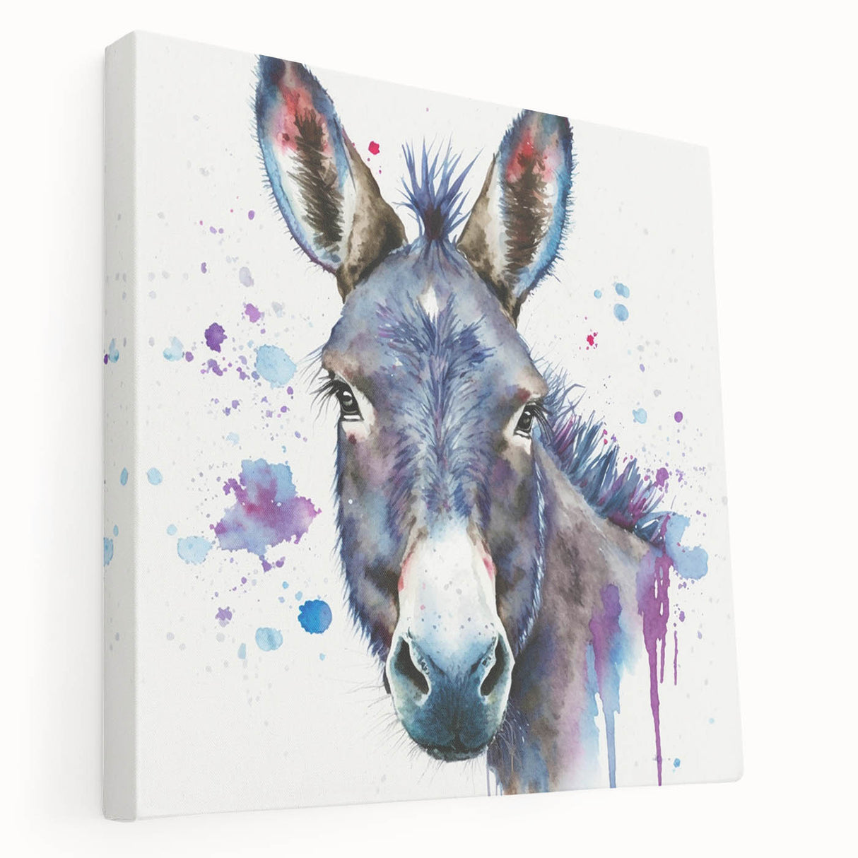 Side view of a stretched canvas wall art featuring a whimsical donkey design, showcasing vibrant colors and playful details, perfect for animal lovers' decor.