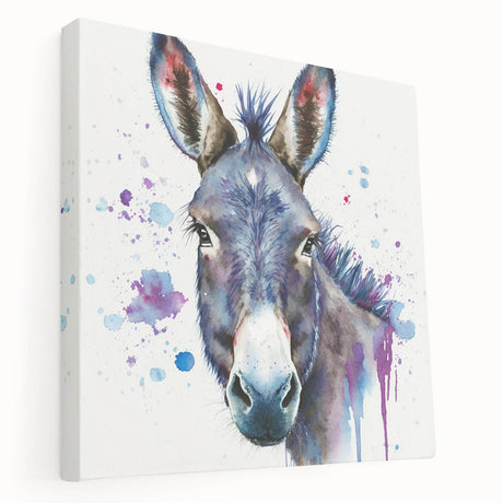 Side view of a stretched canvas wall art featuring a whimsical donkey design, showcasing vibrant colors and playful details, perfect for animal lovers' decor.