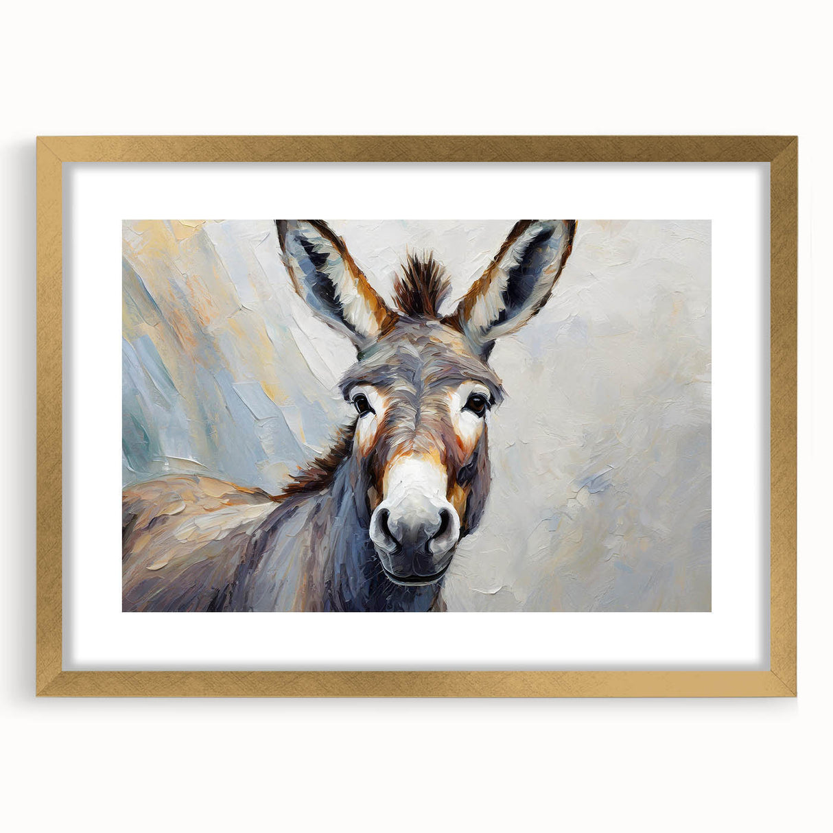 Framed wall art showcasing a donkey design from the "Animals: A Wild Life" collection, featuring a gold frame and mat, perfect for adding a whimsical touch to any decor.