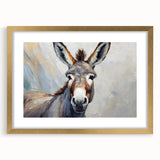 Framed wall art showcasing a donkey design from the "Animals: A Wild Life" collection, featuring a gold frame and mat, perfect for adding a whimsical touch to any decor.