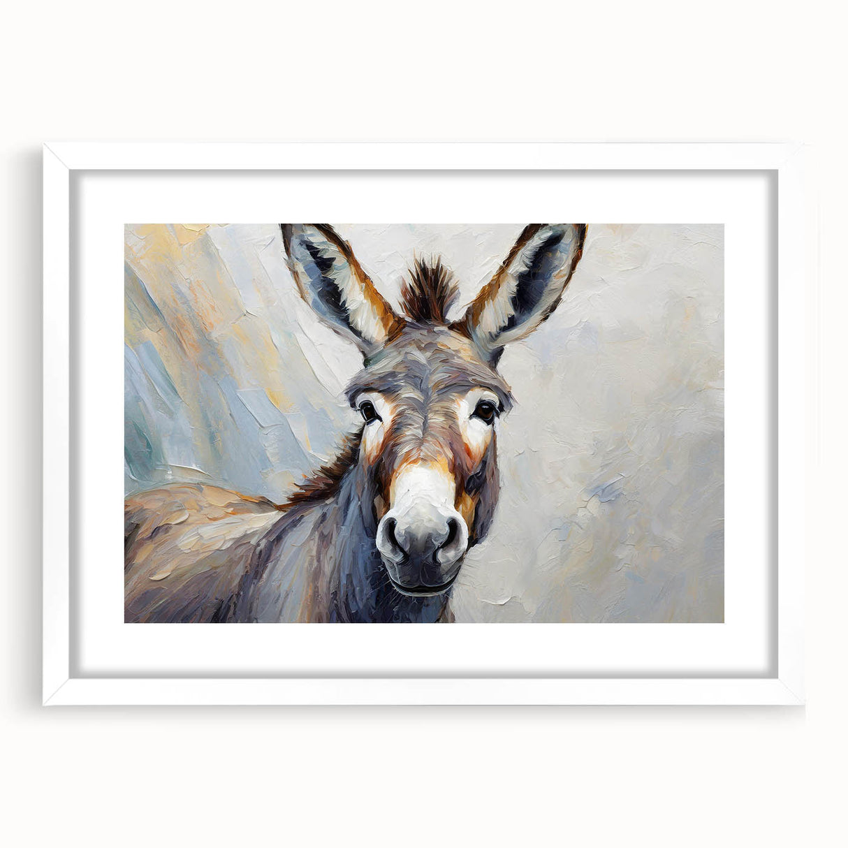 Donkey-themed wall art design in a white frame with matting, showcasing a playful illustration ideal for animal lovers, adding charm to home decor.