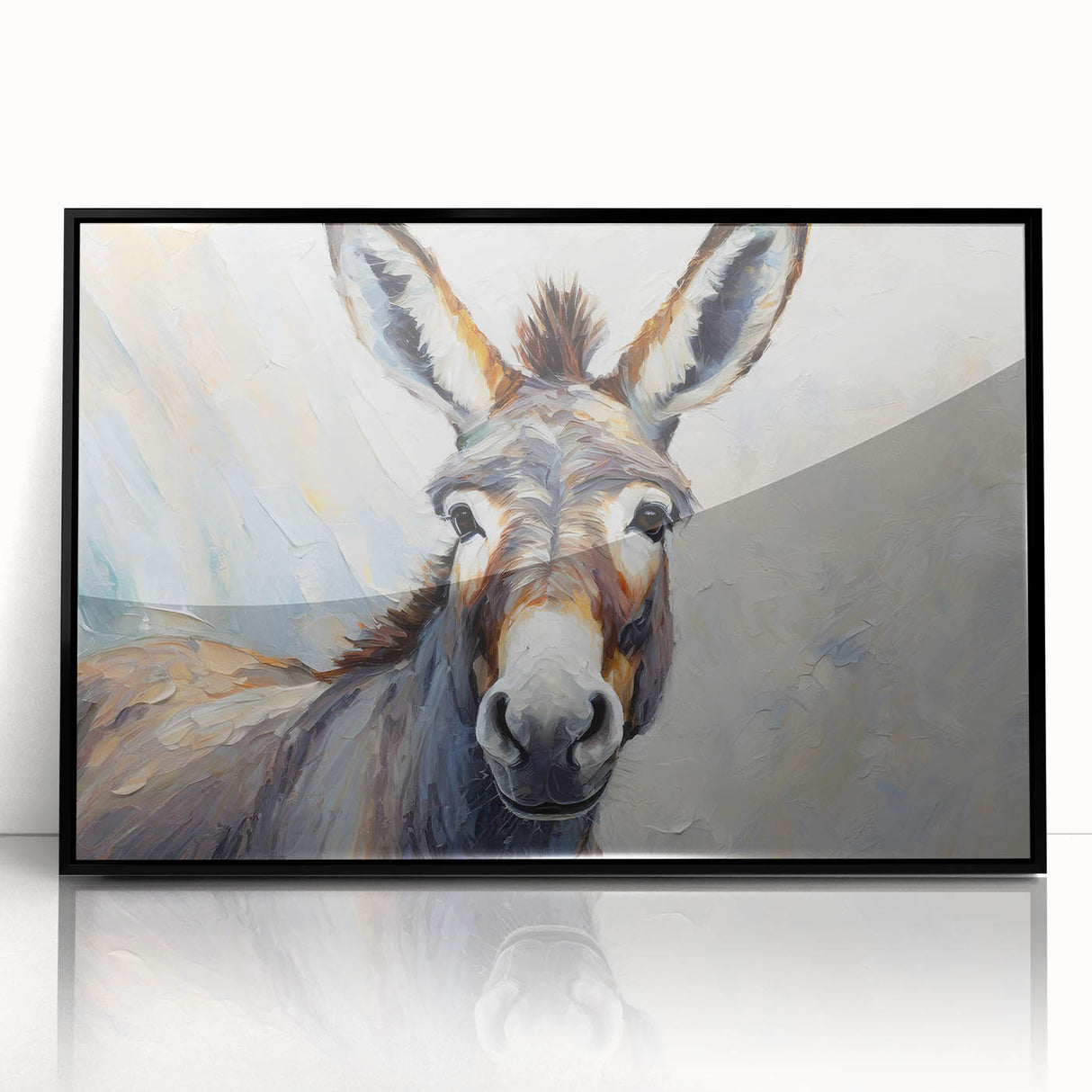 Framed wall art featuring a donkey design from the 'Animals A Wild Life' collection, showcasing vibrant colors and a sleek black frame, perfect for animal lovers' decor.