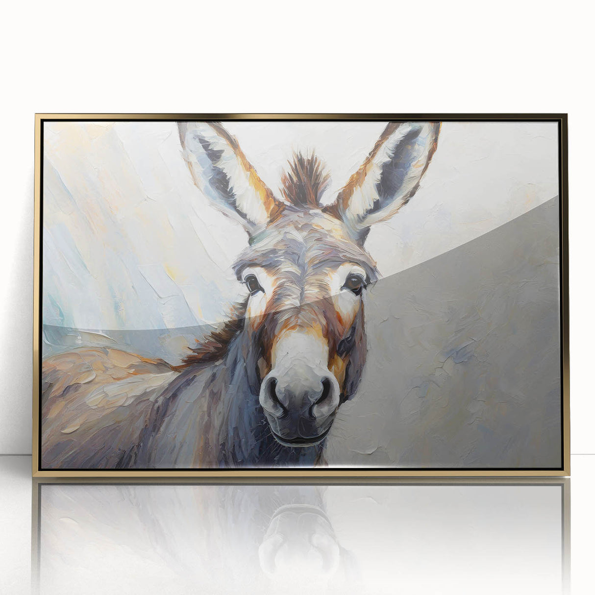 Framed wall art featuring a detailed illustration of a donkey in a wild setting, showcasing vibrant colors and a sleek gold border, perfect for animal lovers.