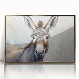 Framed wall art featuring a detailed illustration of a donkey in a wild setting, showcasing vibrant colors and a sleek gold border, perfect for animal lovers.
