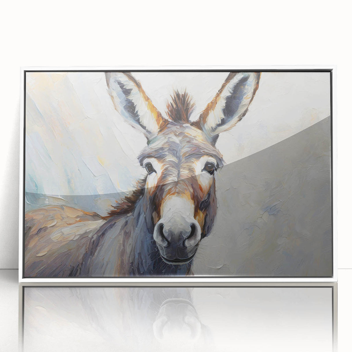 Framed wall art featuring a whimsical donkey design from the "Animals a Wild Life" collection, displayed in a sleek white frame with an acrylic front, perfect for animal lovers and modern decor.
