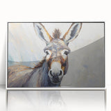 Framed wall art featuring a whimsical donkey design from the "Animals a Wild Life" collection, displayed in a sleek white frame with an acrylic front, perfect for animal lovers and modern decor.