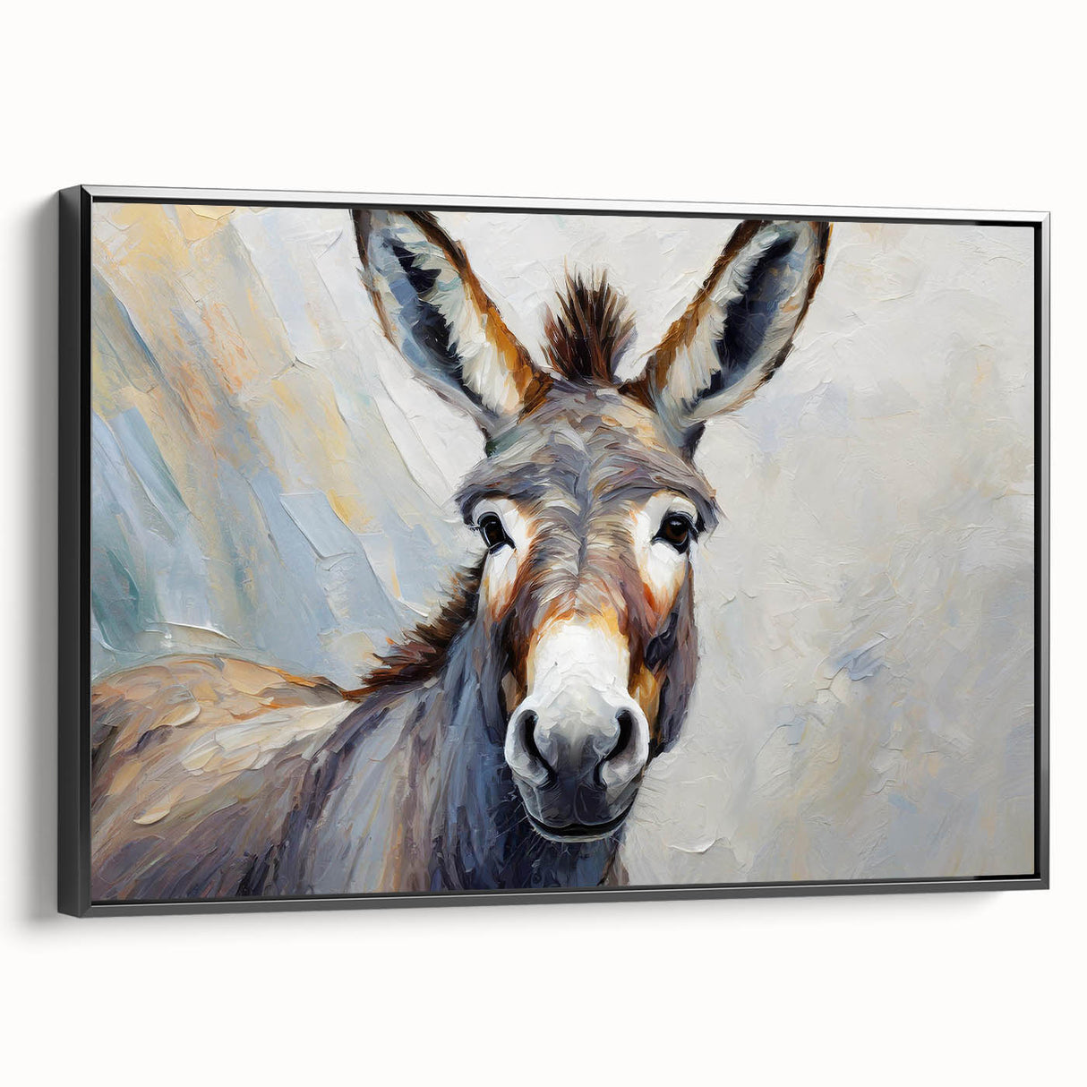 Framed wall art featuring a black side view of a donkey design, showcasing intricate detailing and vibrant colors, perfect for animal lovers and home decor enthusiasts.