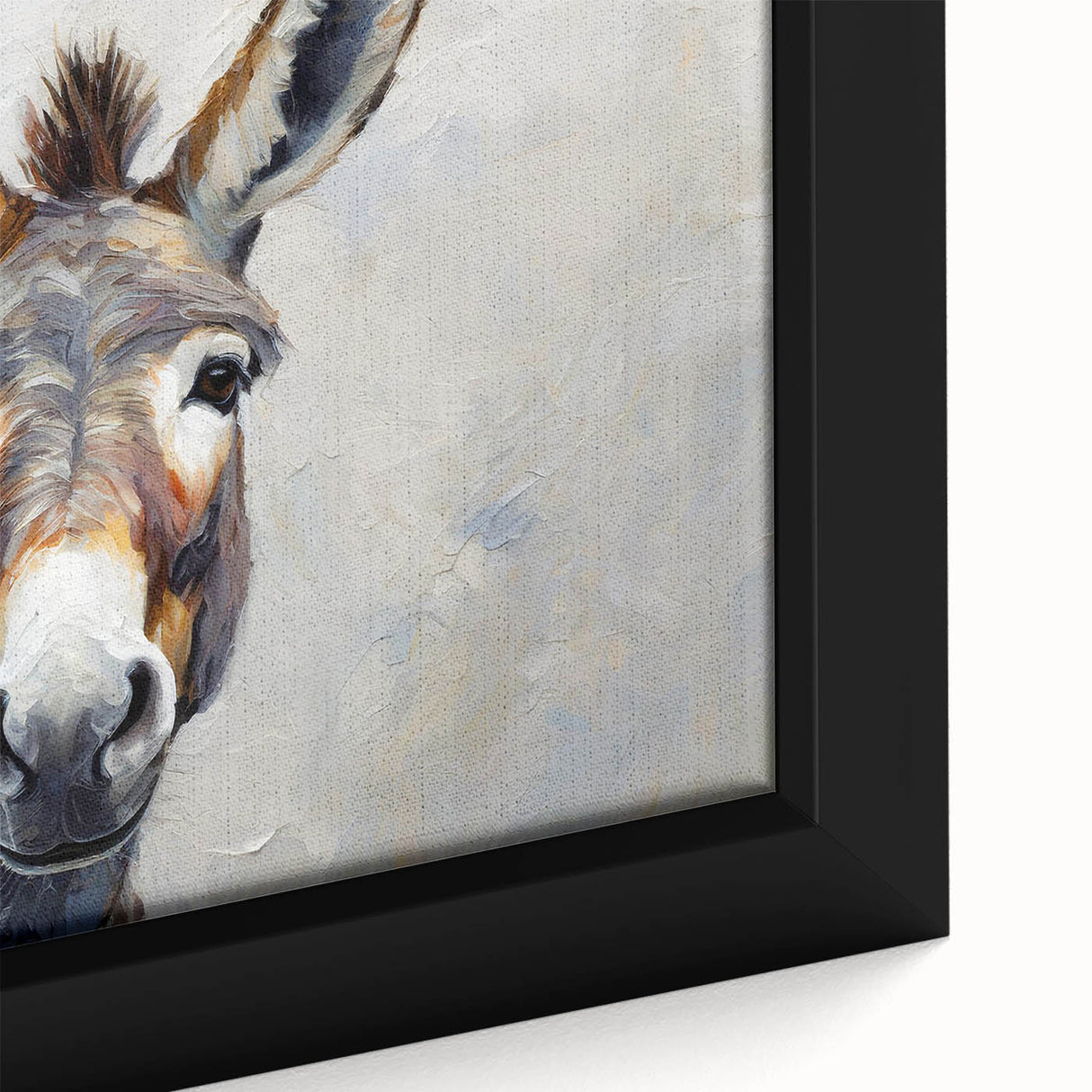 Close-up of a framed canvas wall art featuring a charming donkey design, showcasing intricate details and vibrant colors, perfect for animal lovers and home decor enthusiasts.