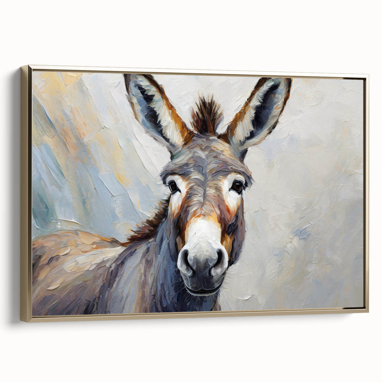 Framed canvas wall art featuring a side view of a donkey design, showcasing intricate details and a gold frame, ideal for animal lovers and home decor enthusiasts.