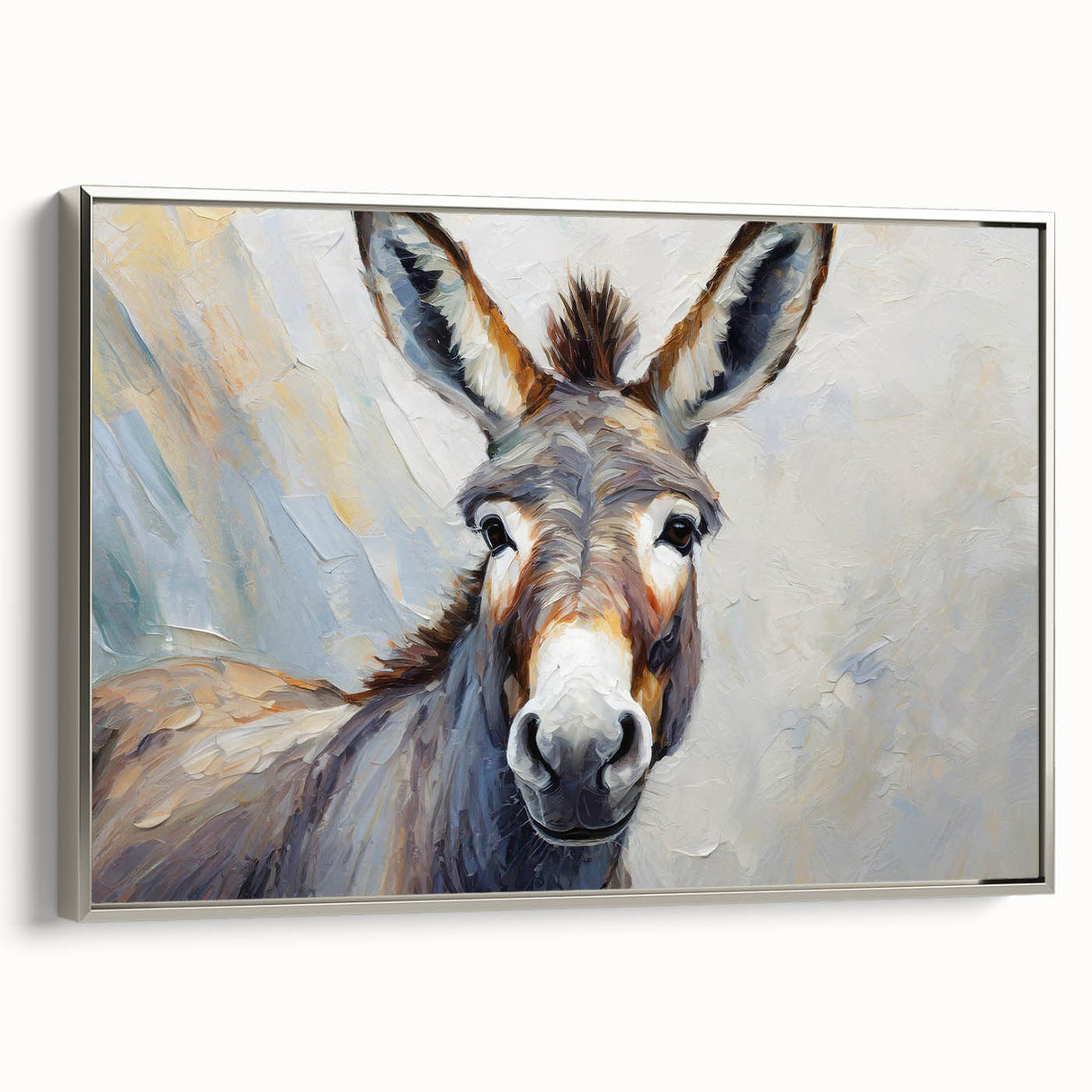 Framed canvas wall art featuring a silver side view of a donkey design, showcasing intricate details and a modern aesthetic, perfect for animal lovers and home decor.