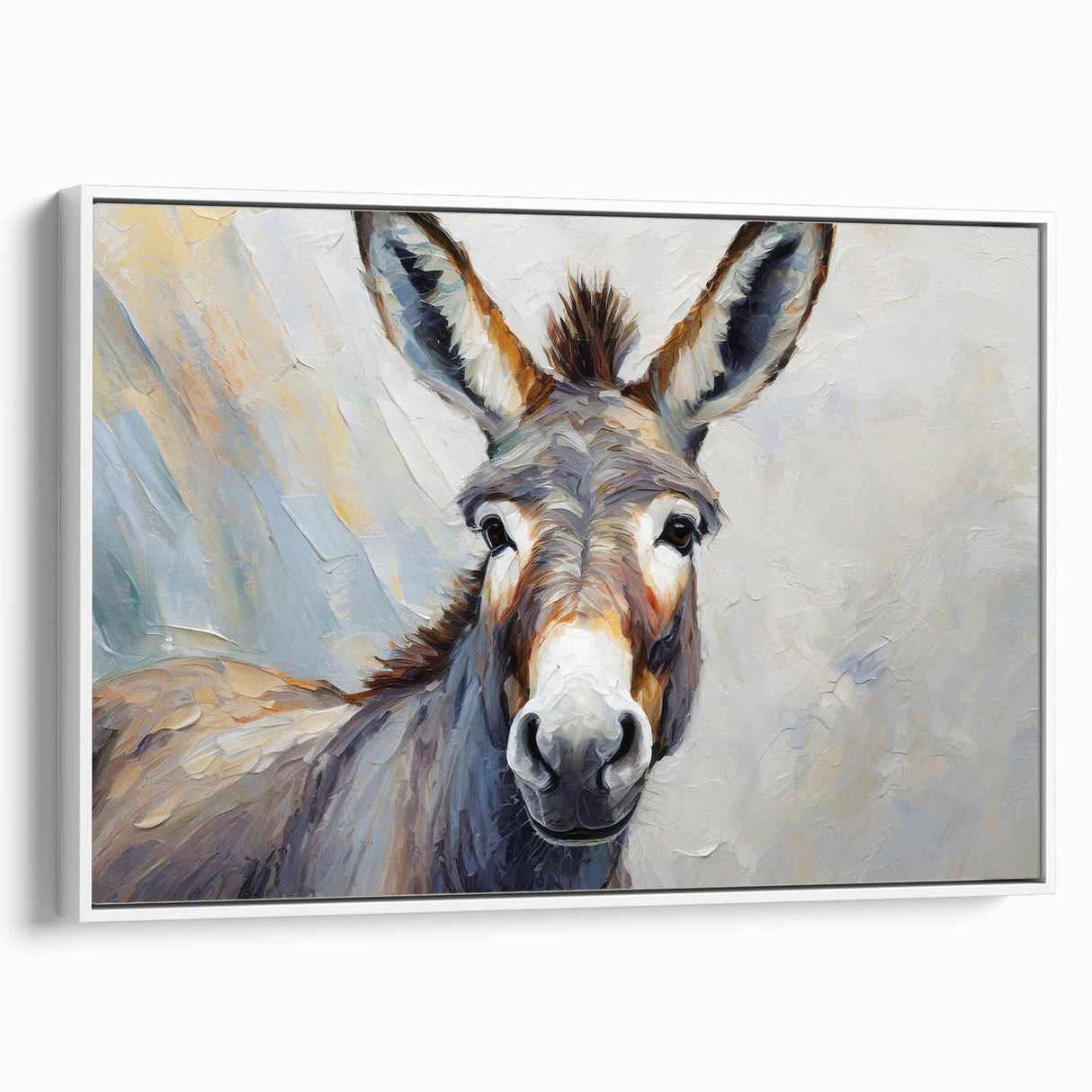 Framed canvas wall art featuring a side view of a donkey design in a white frame, ideal for animal-themed decor. Perfect for adding a touch of nature to any room.