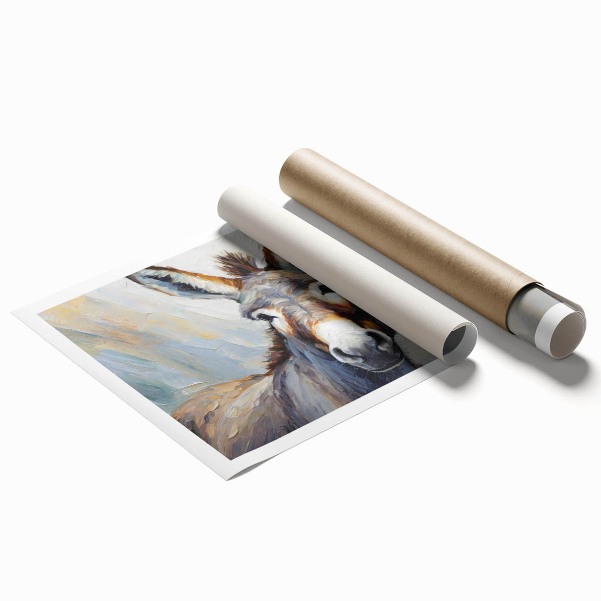 Donkey-themed wall art featuring a vibrant, colorful design showcasing wildlife elements, rolled and ready for display in home decor or art collections.