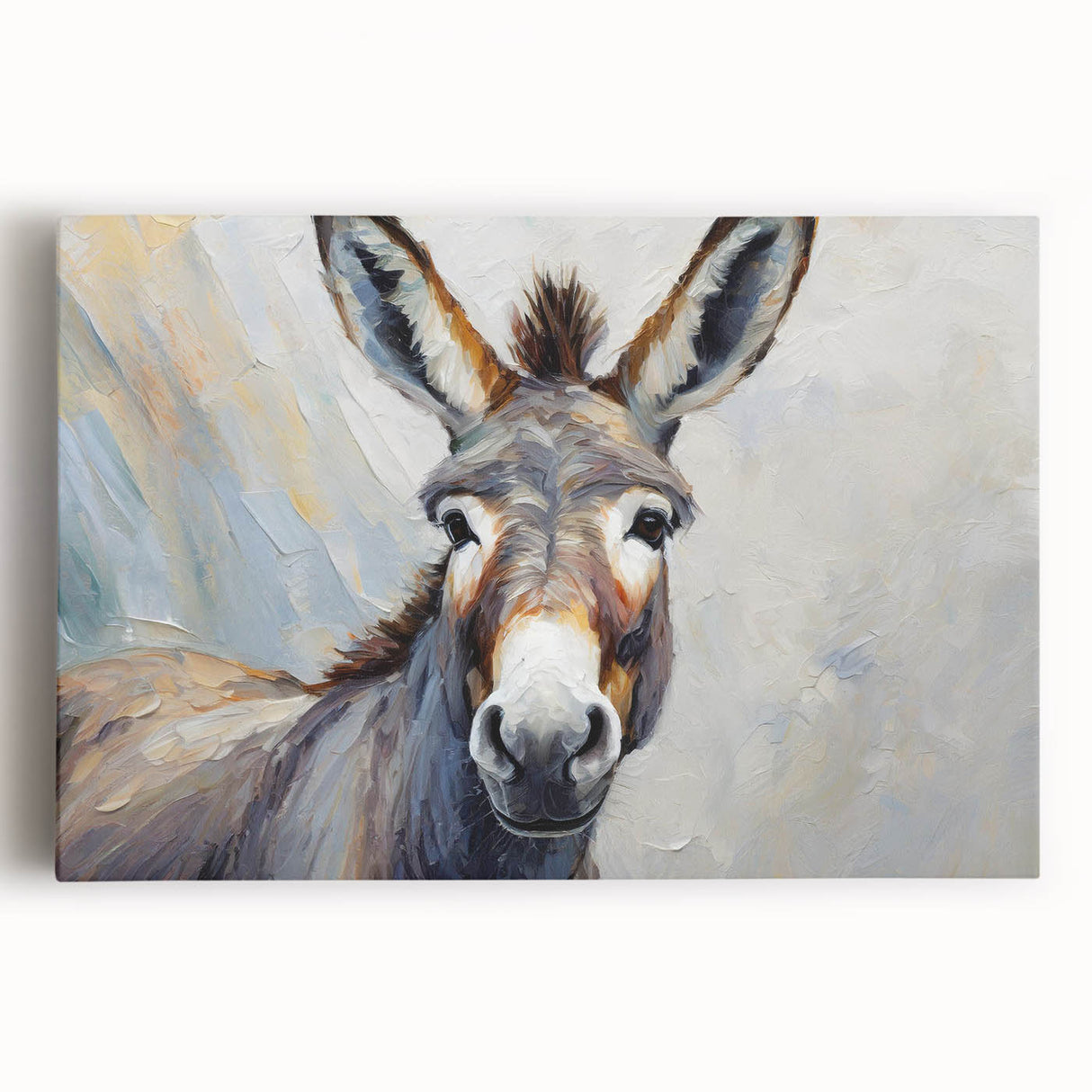 Front view of a stretched canvas wall art piece showcasing a vibrant donkey design, featuring intricate details and bold colors, perfect for animal lovers’ decor.