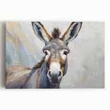 Front view of a stretched canvas wall art piece showcasing a vibrant donkey design, featuring intricate details and bold colors, perfect for animal lovers’ decor.