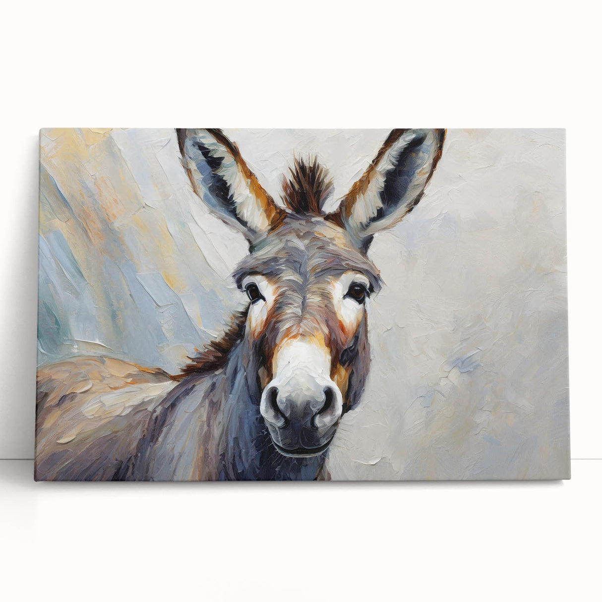 Stretched canvas wall art featuring a whimsical donkey design with vibrant colors, perfect for adding a playful touch to home decor. Ideal for animal lovers.