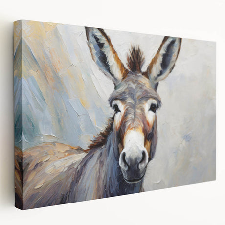 Stretched canvas wall art depicting a serene side view of a donkey in a natural setting, showcasing earthy tones and intricate textures, perfect for animal lovers' decor.