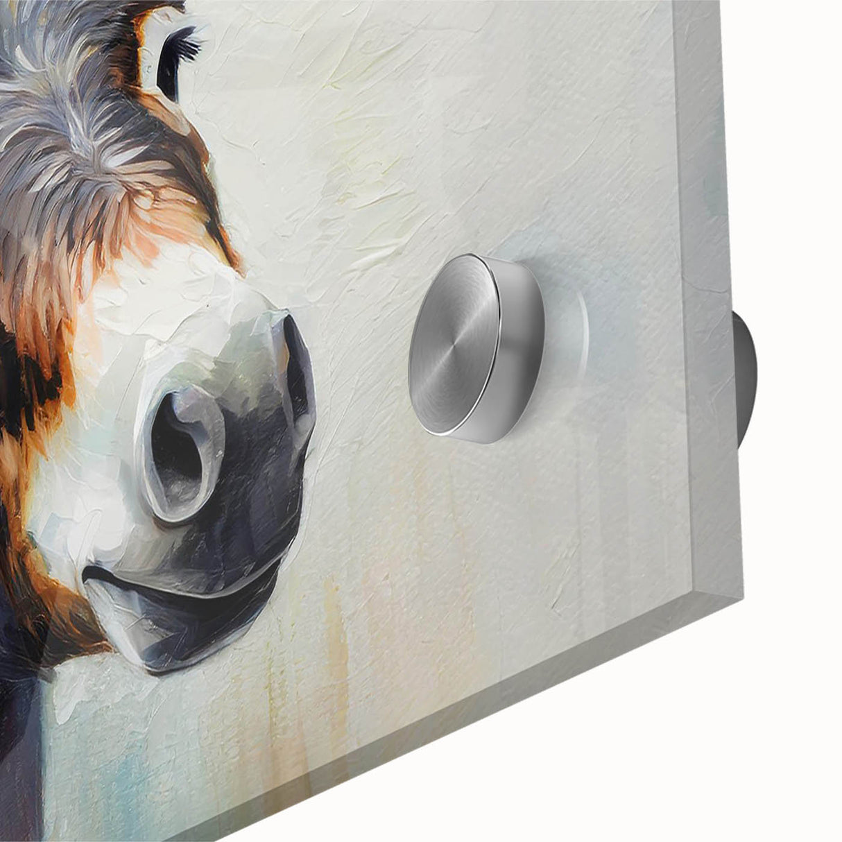 Close-up view of a colorful acrylic wall art piece featuring a whimsical donkey design, showcasing vibrant details and textures, perfect for animal lovers' decor.