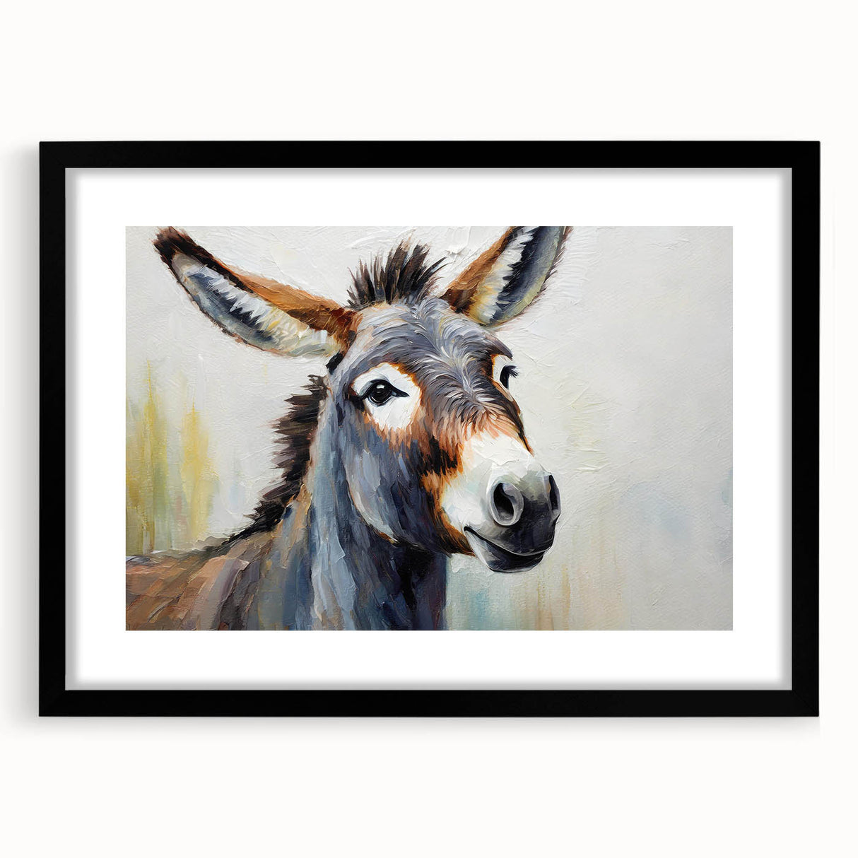Framed wall art featuring a whimsical donkey design, set against a black background, perfect for animal lovers and home decor enthusiasts. This piece adds a playful touch to any space, showcasing detailed artwork with vibrant colors and a modern frame. Ideal for living rooms or children's rooms, it combines artistry with charm.