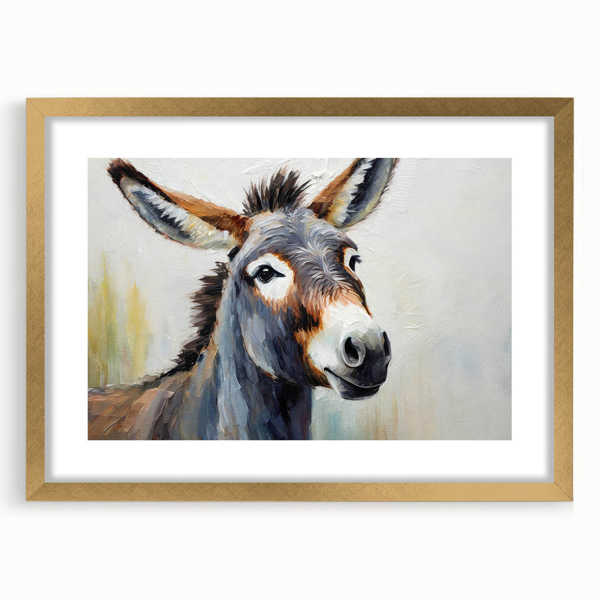 Framed wall art showcasing a striking donkey design from the "Animals A Wild Life" collection, featuring a gold mat and elegant frame, perfect for animal lovers.