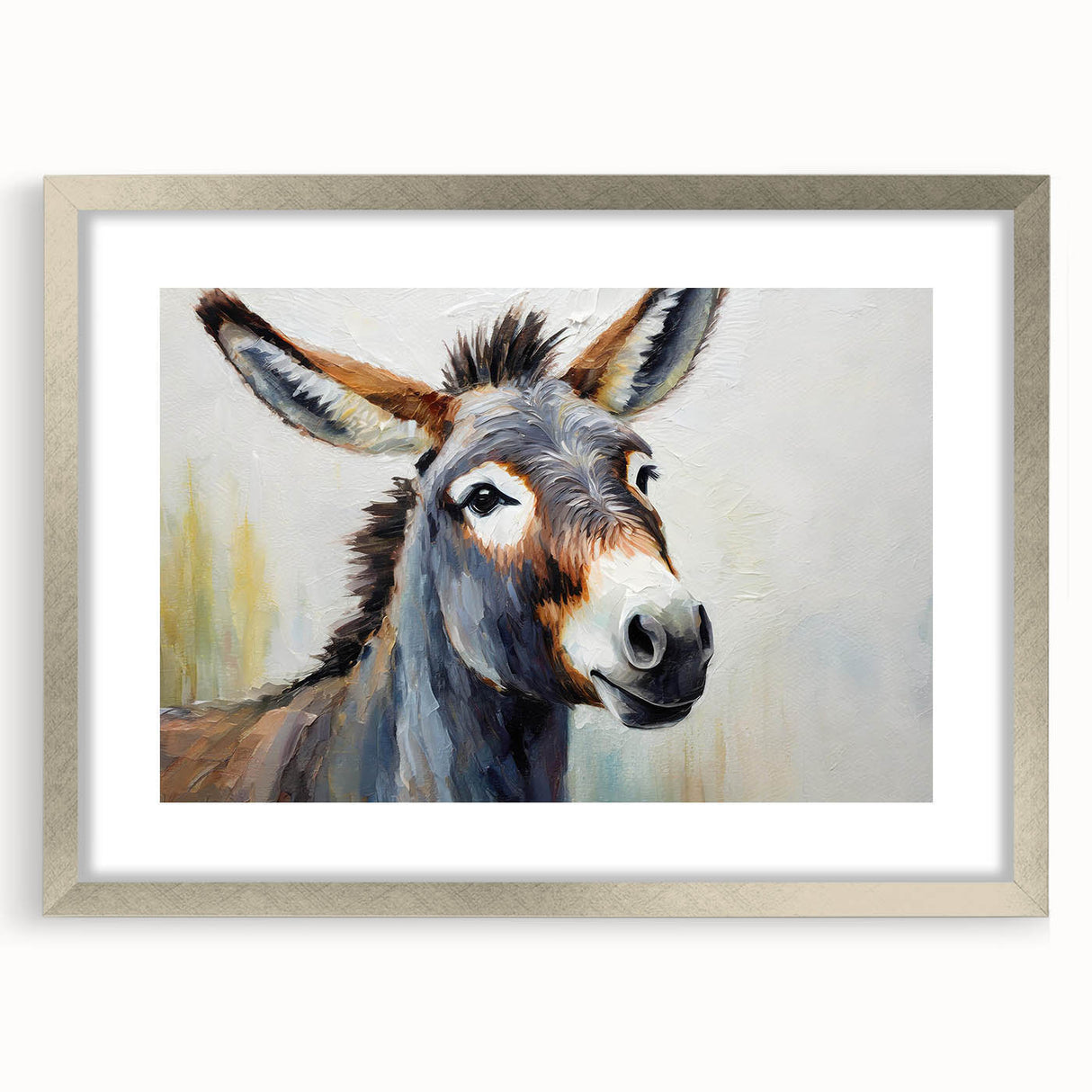 Framed wall art featuring a donkey design from the "Animals of the Wild" collection, showcasing intricate details and a silver frame, perfect for home decor.