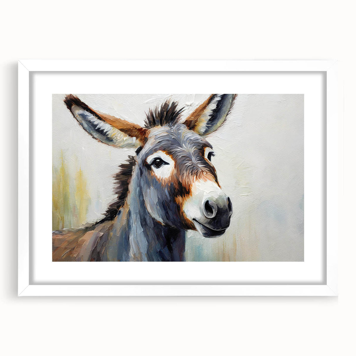Framed wall art featuring a whimsical donkey design on a white mat, showcasing vibrant colors and playful details, perfect for animal lovers' decor.