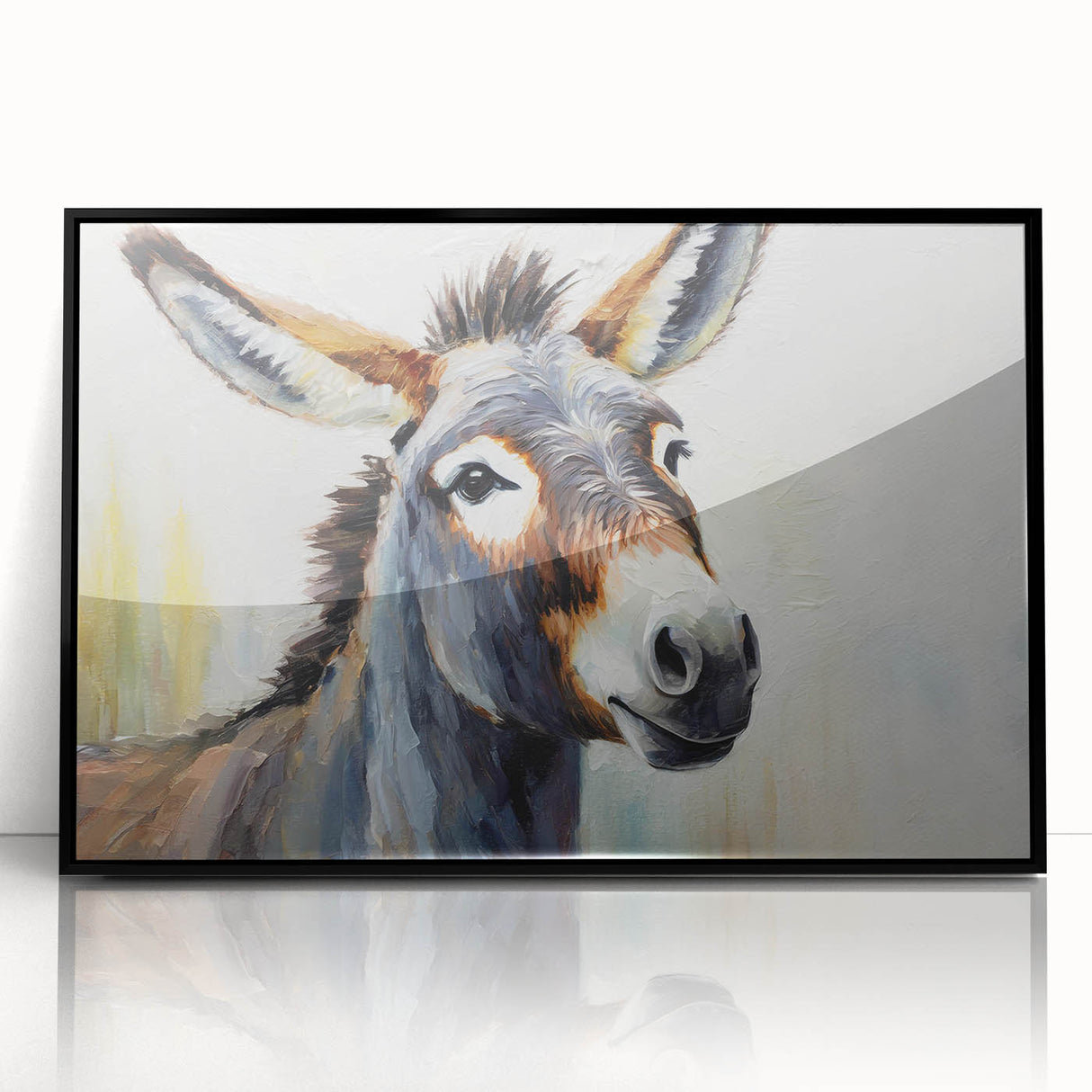 Framed wall art featuring a striking donkey design in a black acrylic frame, showcasing vibrant colors and intricate details, ideal for animal lovers and modern decor.