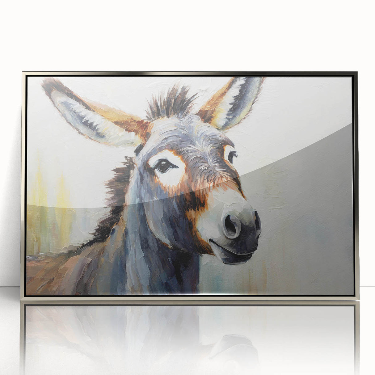 Framed acrylic wall art featuring a striking silver donkey design, showcasing intricate details and textures, perfect for adding a contemporary touch to home decor.