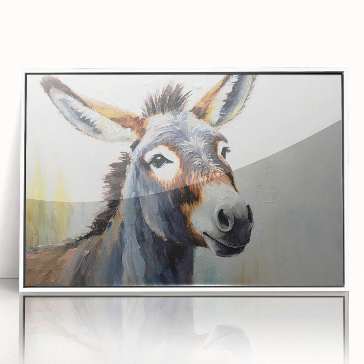 Framed wall art featuring a whimsical donkey design in a minimalist white frame, showcasing vibrant colors and playful details, perfect for animal lovers' decor.