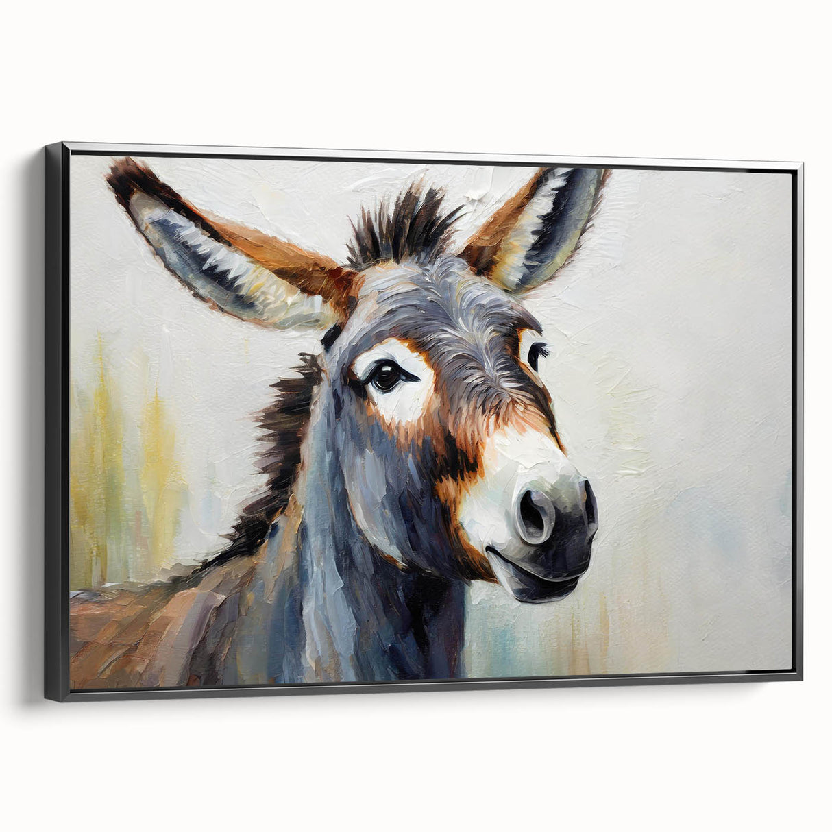 Framed canvas wall art featuring a striking donkey design in a black frame, showcasing detailed textures and vibrant colors, perfect for animal lovers and modern decor.
