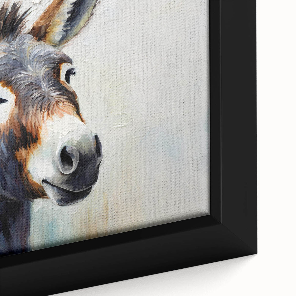 Close-up of a framed canvas wall art featuring a beautifully detailed donkey design from the 'Animals a Wild Life' collection, showcasing vibrant colors and artistic textures. Ideal for animal lovers and home decor enthusiasts.
