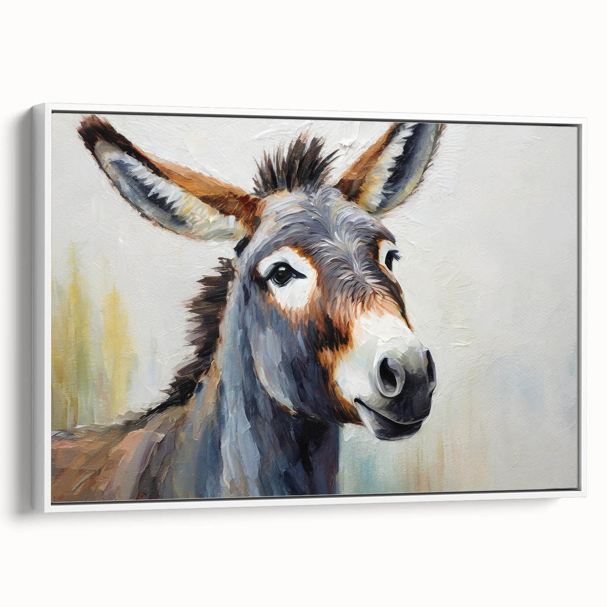 Framed canvas wall art featuring a striking side view of a donkey, showcasing intricate details and a white background, ideal for animal lovers and home decor enthusiasts.