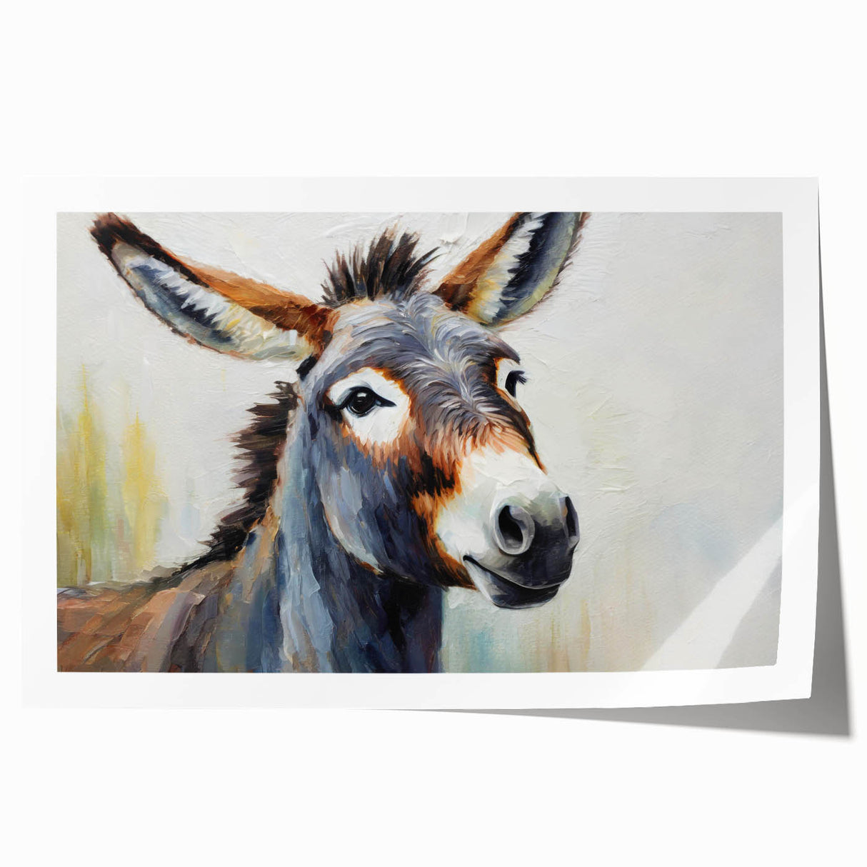 Artistic rolled print showcasing a whimsical donkey design, featuring vibrant colors and intricate details, perfect for animal lovers and home decor enthusiasts.