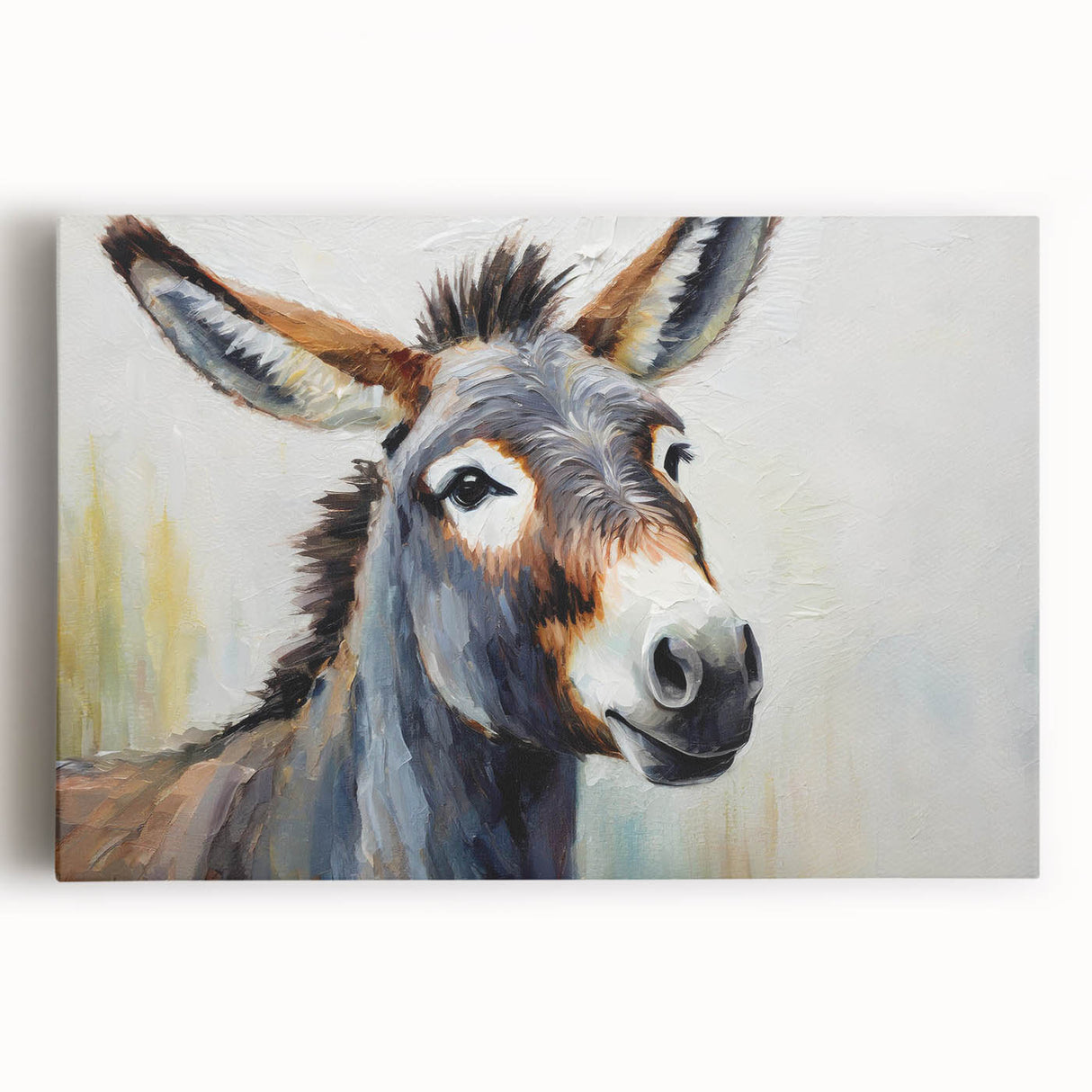Stretched canvas wall art featuring a vibrant donkey design in a wild-life theme, showcasing rich colors and intricate details for animal lovers and home decor enthusiasts.