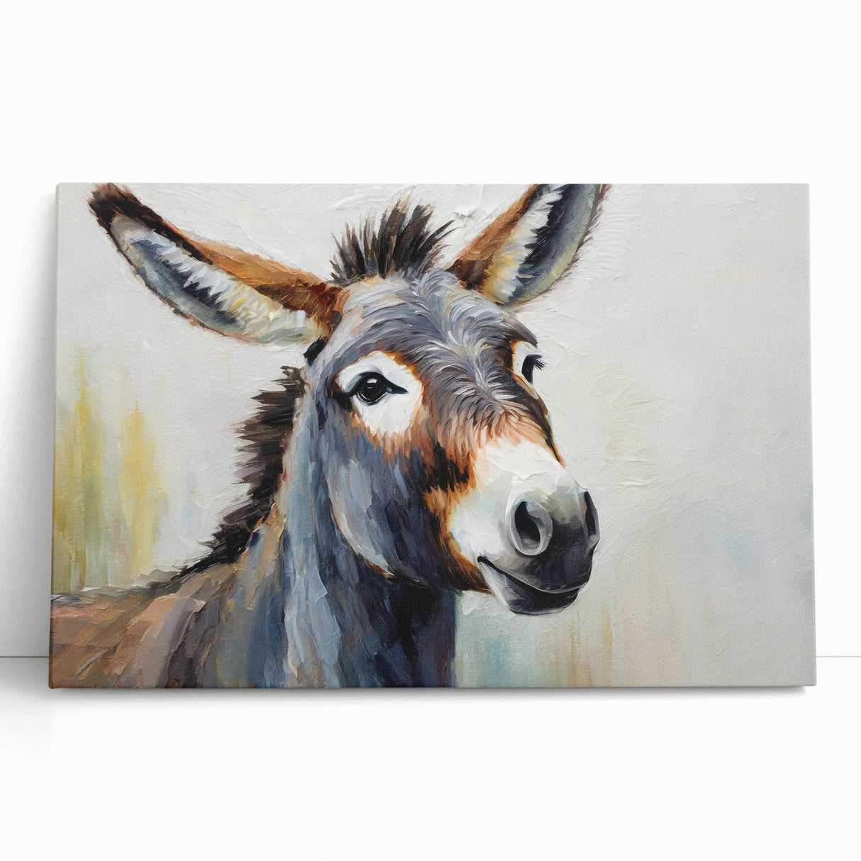 Stretched canvas wall art featuring a whimsical donkey design, showcasing vibrant colors and playful details, perfect for adding charm to any room decor.