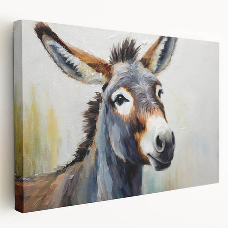 Stretched canvas wall art featuring a side view of a donkey, showcasing detailed textures and earthy colors, perfect for animal lovers and home decor enthusiasts.